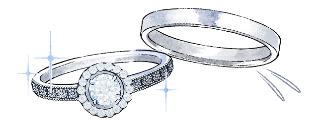 派手なデザインの婚約指輪とシンプルな結婚指輪