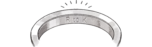 内側に「R to K」と刻印が刻まれた指輪