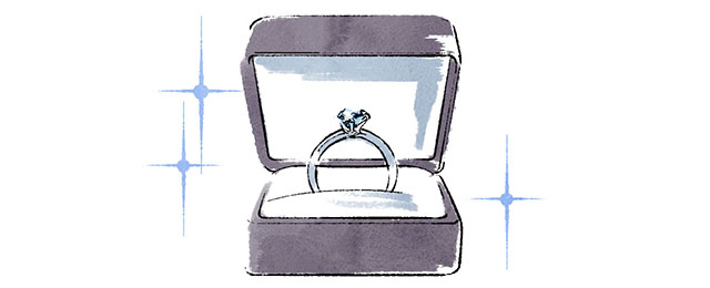 紫のケースに入っている一粒ダイヤの婚約指輪