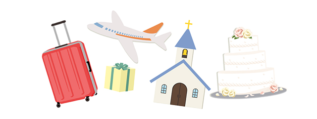 式場や旅行鞄、飛行機のイラスト