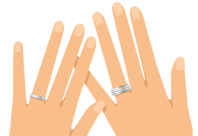 違うデザインの結婚指輪をつけている男女の手