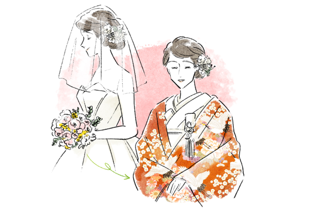 ノースリーブの花嫁と着物を着た花嫁