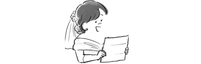 朗らかに手紙を読む花嫁