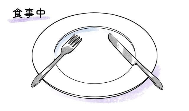 食事の途中でカトラリーを置くときは、ナイフとフォークがハの字になるように置きます