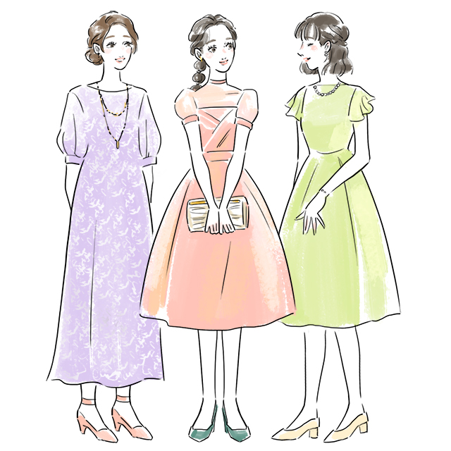 春らしい明るく柔らかなカラーのドレスを着た女性たち