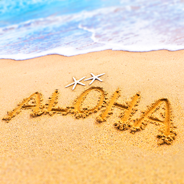 砂浜に書かれたALOHAの文字