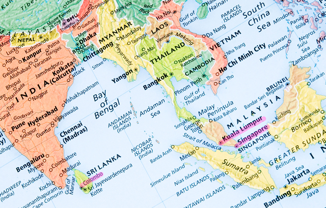 シンガポール、コロンボ、クアラルンプールの位置が記された地図