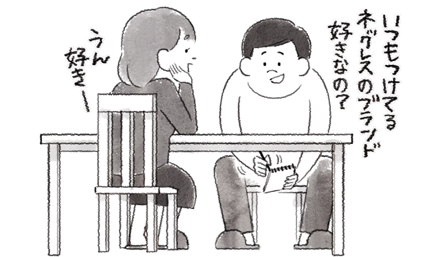 彼女に好きなブランドを聞いている男性