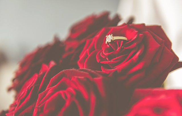 バラの花の上に載っている指輪