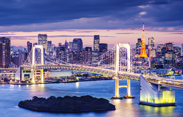 ライトアップされたレインボーブリッジと東京湾の夜景