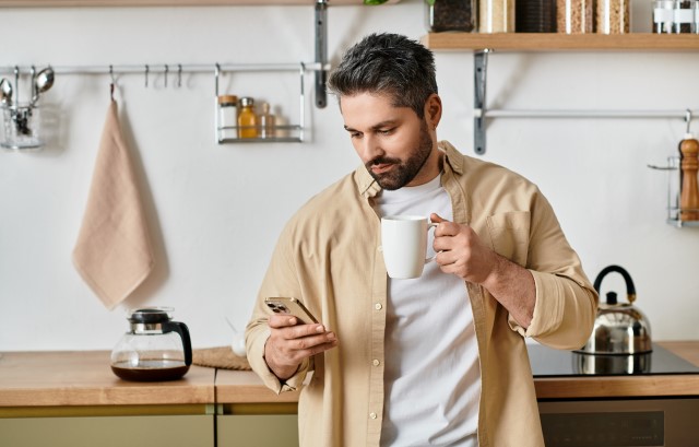 スマホで調べ物をする男性
