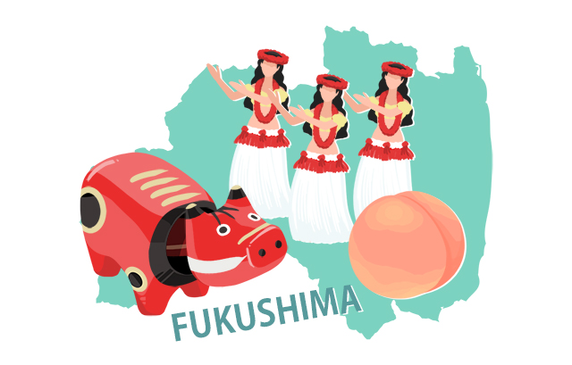 フラダンスをする女性と福島県の名産である赤べこ、桃
