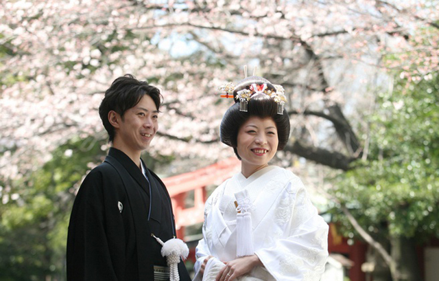 日枝神社結婚式場　桜と新郎新婦