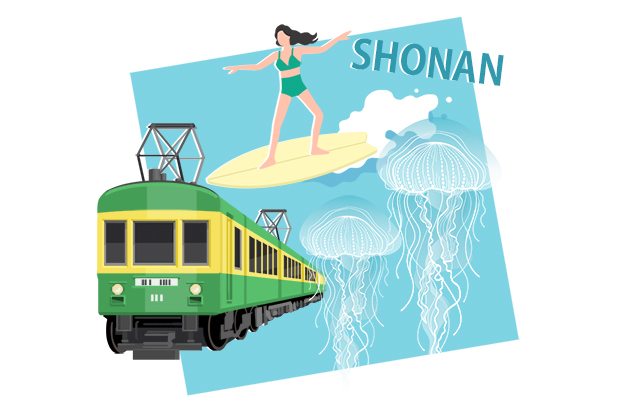 サーフィンする女性、江ノ島電鉄、クラゲ