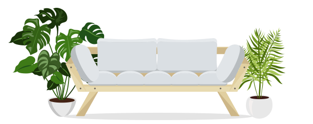 植物に囲まれたソファ