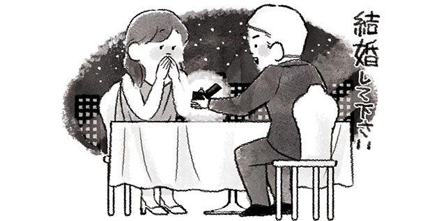 レストランで婚約指輪を渡してプロポーズする男性