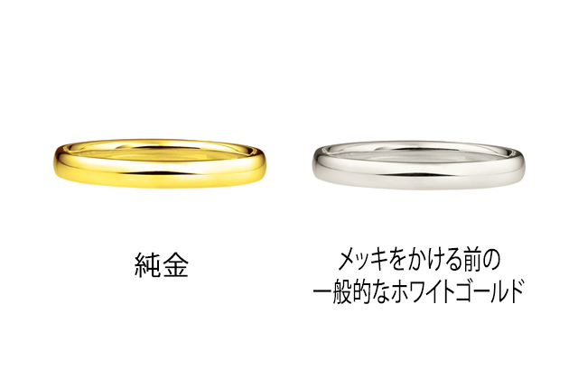 純金の指輪と、メッキをかける前のホワイトゴールドの指輪
