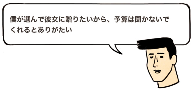 「婚約指輪は僕が選んで彼女に贈りたいから、予算は聞かないでくれるとありがたい」と話す男性