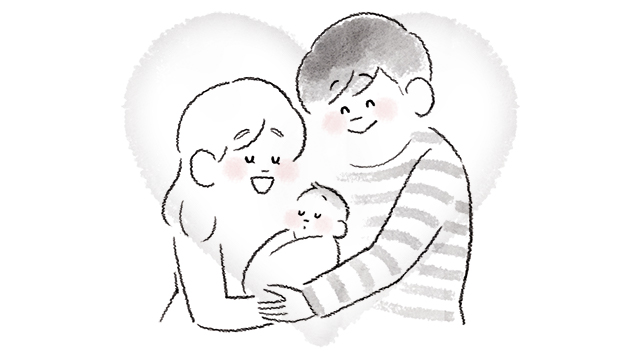 赤ちゃんを抱いている幸せそうな男女