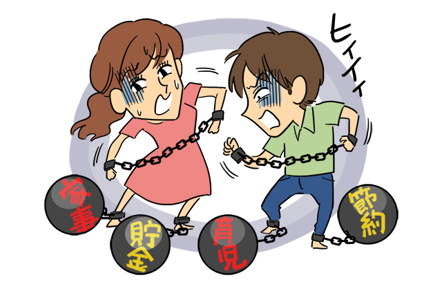 家事や育児が足かせとなり、自由を制限されている夫婦
