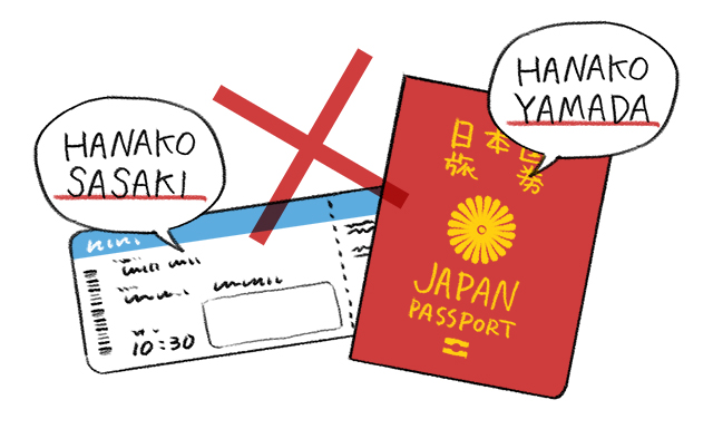 旧姓と新姓で統一されていないパスポートやチケット