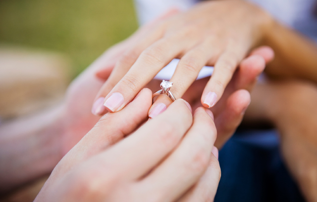 女性の指に婚約指輪を嵌める男性
