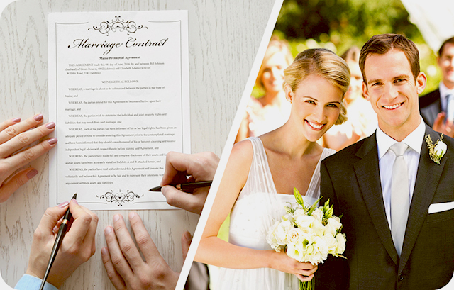 結婚証明書にサインする様子と結婚式の様子
