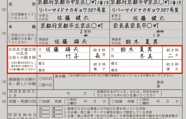 婚姻届「父母の氏名・父母との続き柄」欄の書き方見本