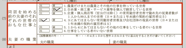 「同居を始める前の夫妻のそれぞれの世帯のおもな仕事」と「夫妻の職業」の欄