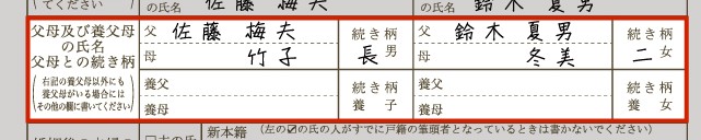 「父母の氏名・父母との続き柄」の欄