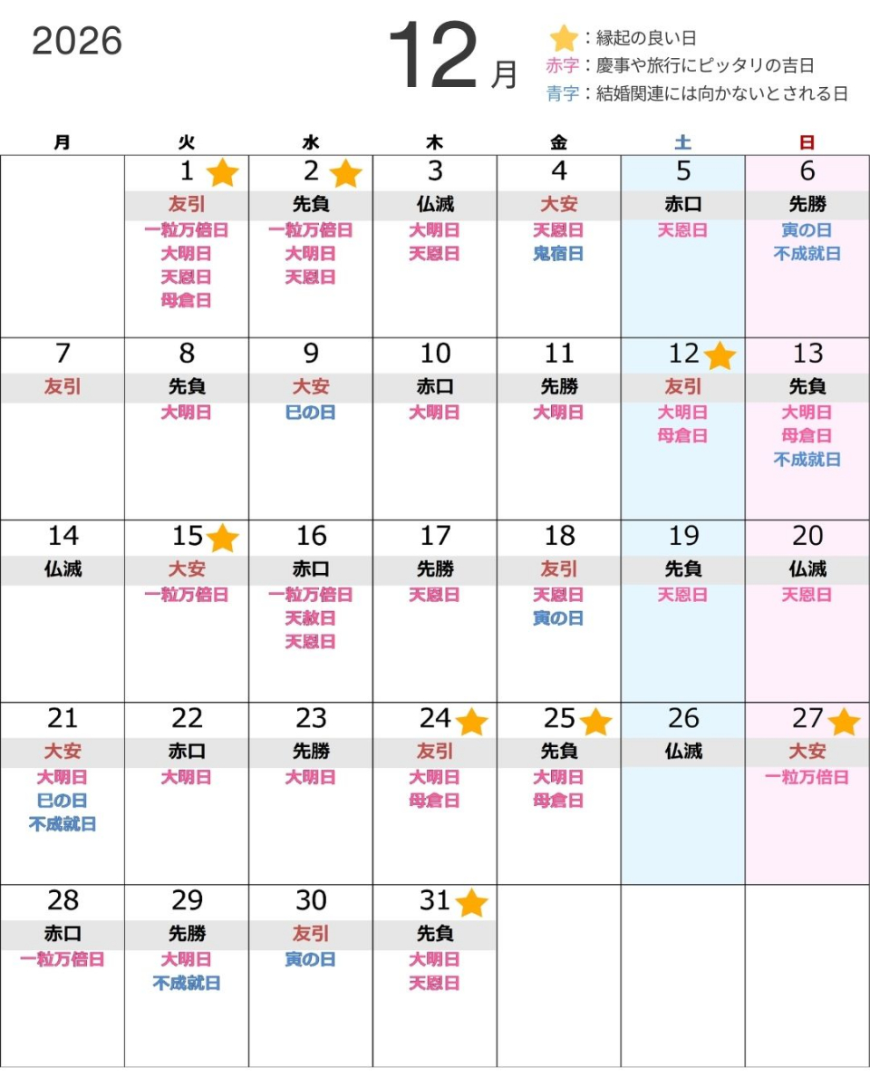 2025・2026年の大安吉日をチェック！一粒万倍日との重なりが