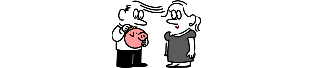 豚の貯金箱にお金をいれる男性とその様子を見ている女性