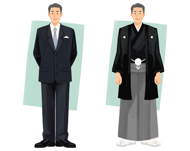 ブラックスーツ、五つ紋の羽織袴の男性