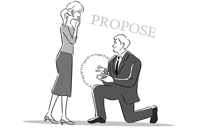 男性が跪いて婚約指輪を見せ、女性にプロポーズしている様子