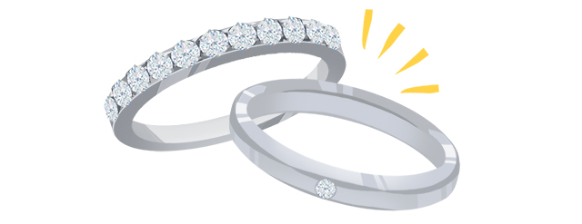 一粒タイプの結婚指輪とダイヤが並んだゴージャスな結婚指輪