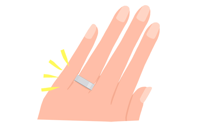 薬指に嵌めた指輪の表面が小指に当たる様子