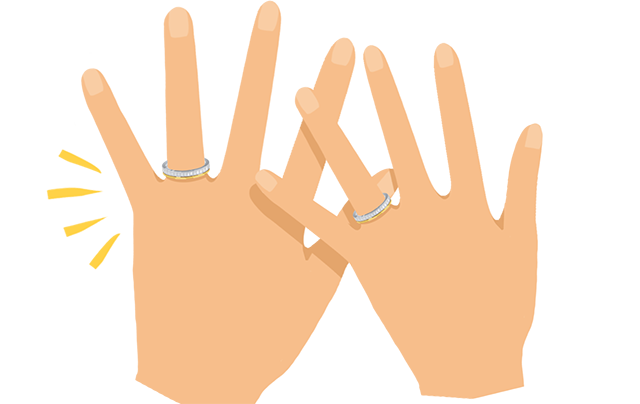 好きなデザインの結婚指輪をつけた男女の手