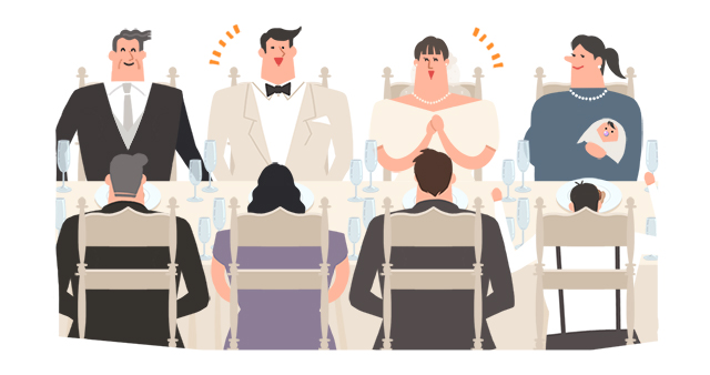 同じテーブルに座る様子