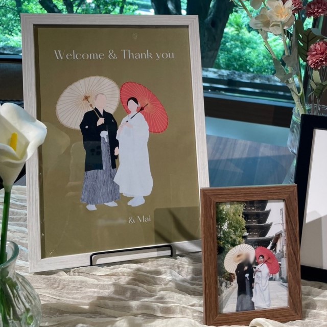 和装の前撮り写真をイラストにしたウェルカムボード