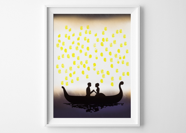 黄色いスタンプをスカイランタンに見立て、ボートに乗るカップルのイラストの上に描いたウェディングツリー