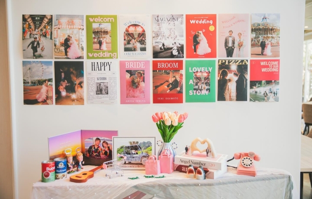 前撮り写真をポスターのように貼ったウェルカムスペース