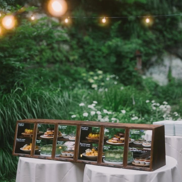 ガーデンにある、デザートがたくさん入ったショーケース