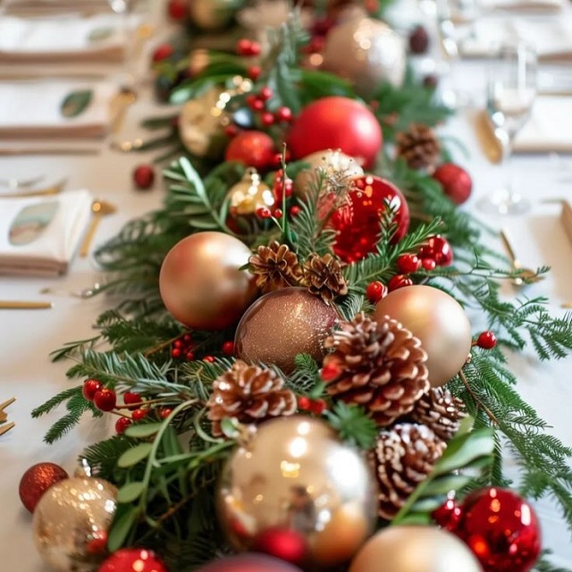 テーブル上にオーナメント、松ぼっくり、グリーンが飾られている様子