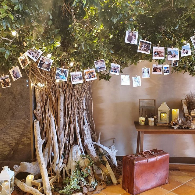 新郎新婦の写真を吊り下げたウェディングツリー