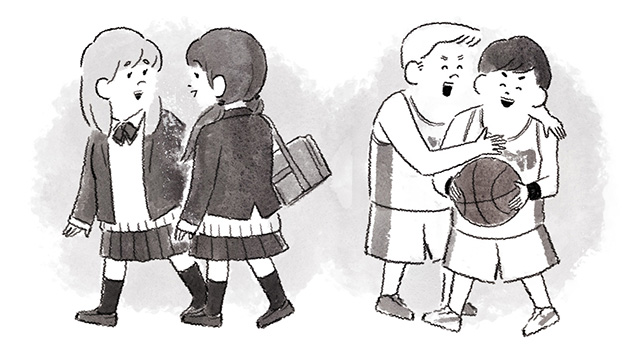 会話する女子高生とバスケを男子学生
