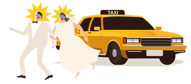 焦る新郎新婦とタクシー