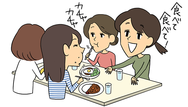 3人の女性に食事をご馳走する女性