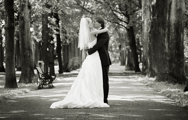 街路樹に囲まれながらキスをする新郎新婦の白黒写真
