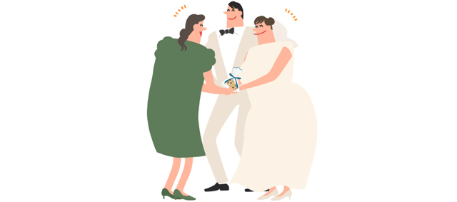 ゲストと話す新郎新婦