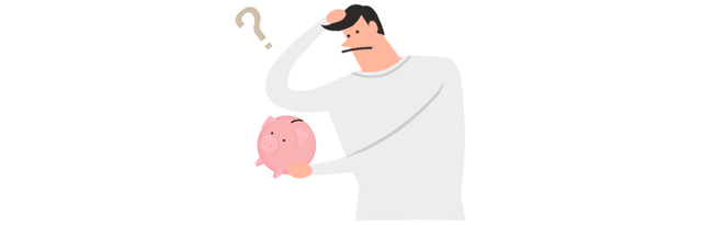 豚の貯金箱を持って悩んでいる男性